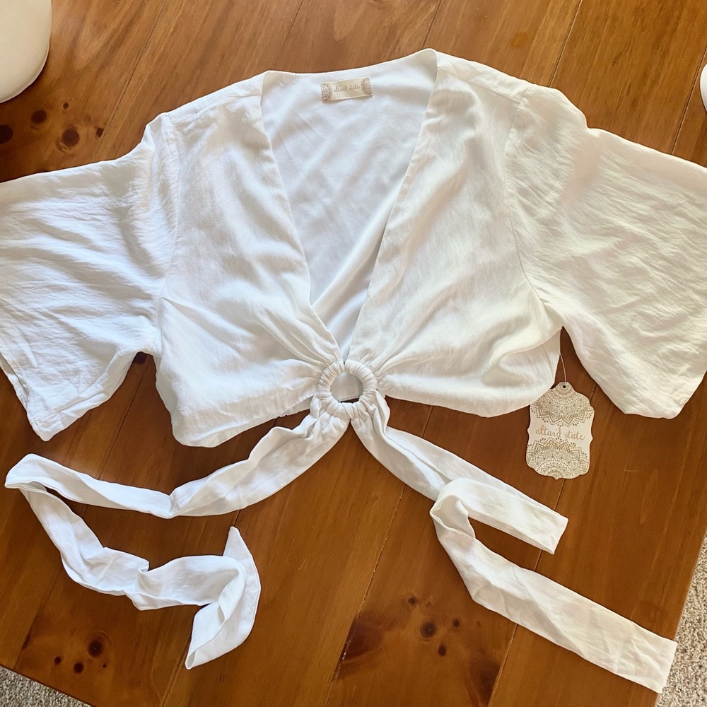 Altard State white linen wrap top